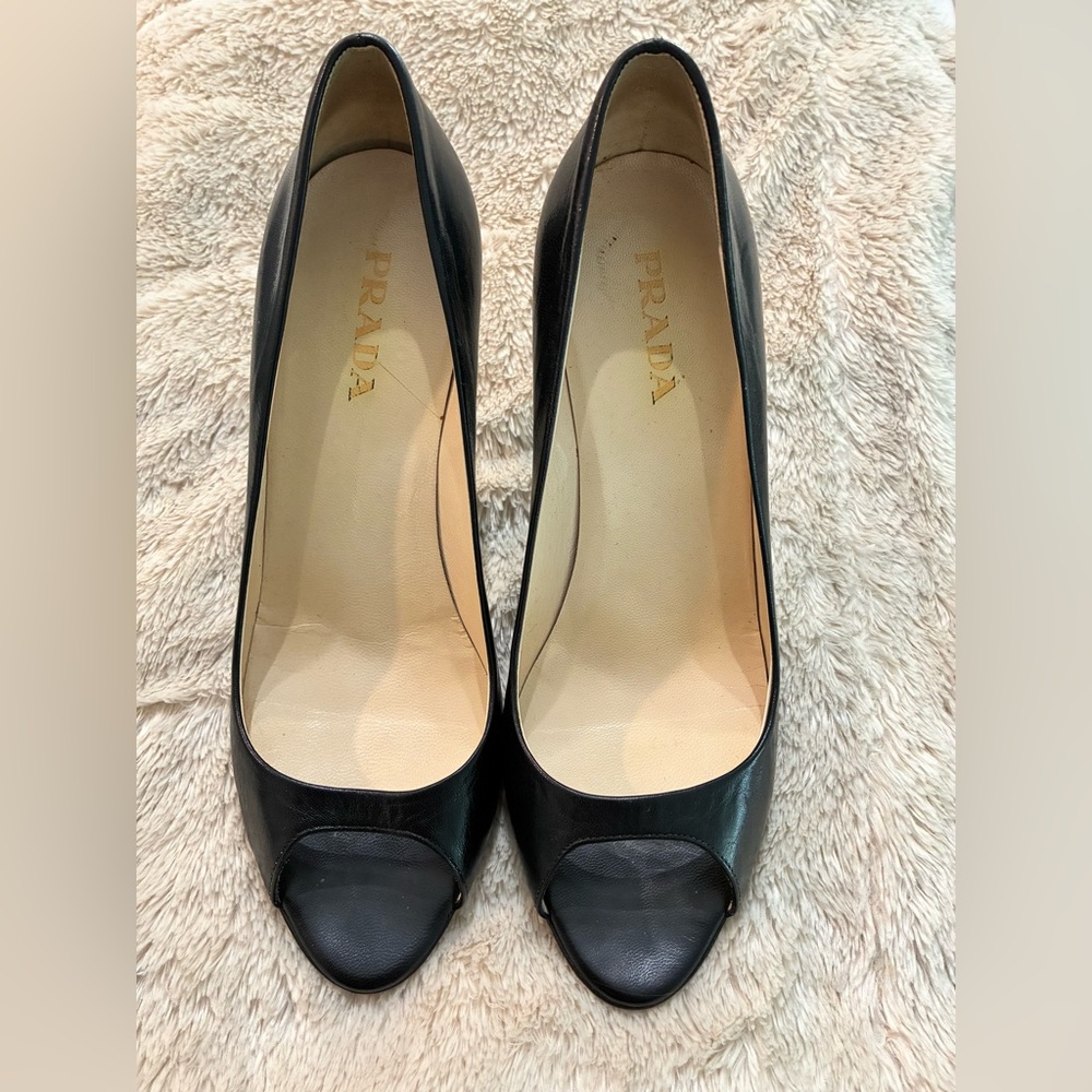 PRADA black leather peep toe heels Euro size 38 (7 1/2)